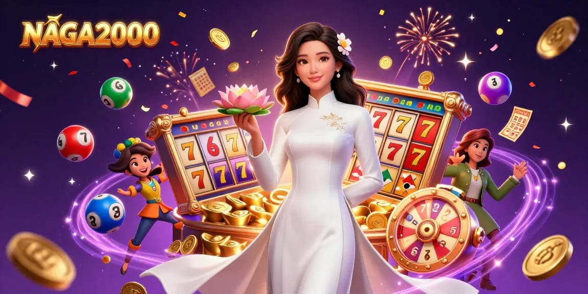 NAGA2000 menampilkan aksi slot yang menawan dengan seorang wanita elegan dan elemen permainan yang dinamis.