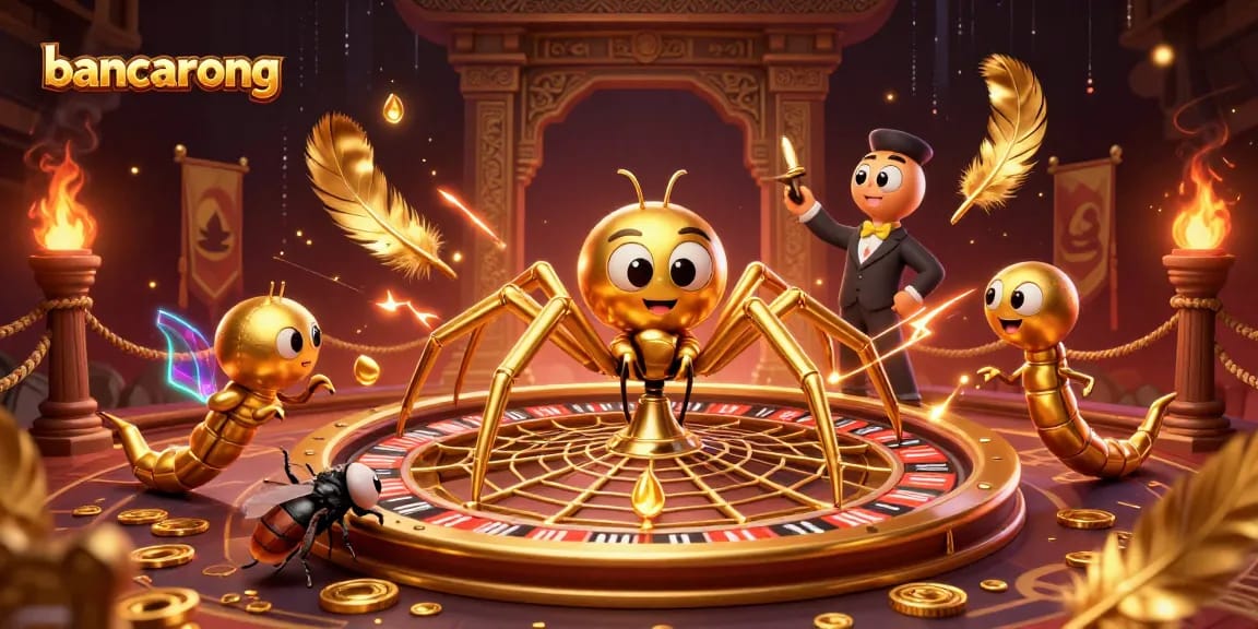 Bakarong features a dynamic scene with a golden spider web roulette and a centipede croupier.