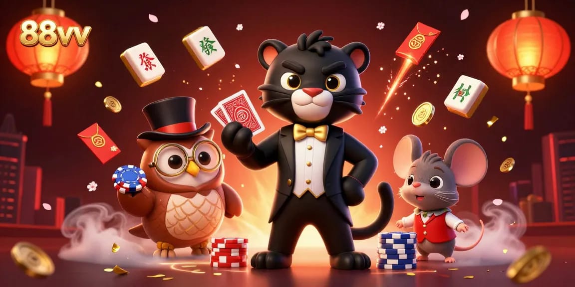 88vv highlights an elegant panther and playful characters in a vibrant casino scene.