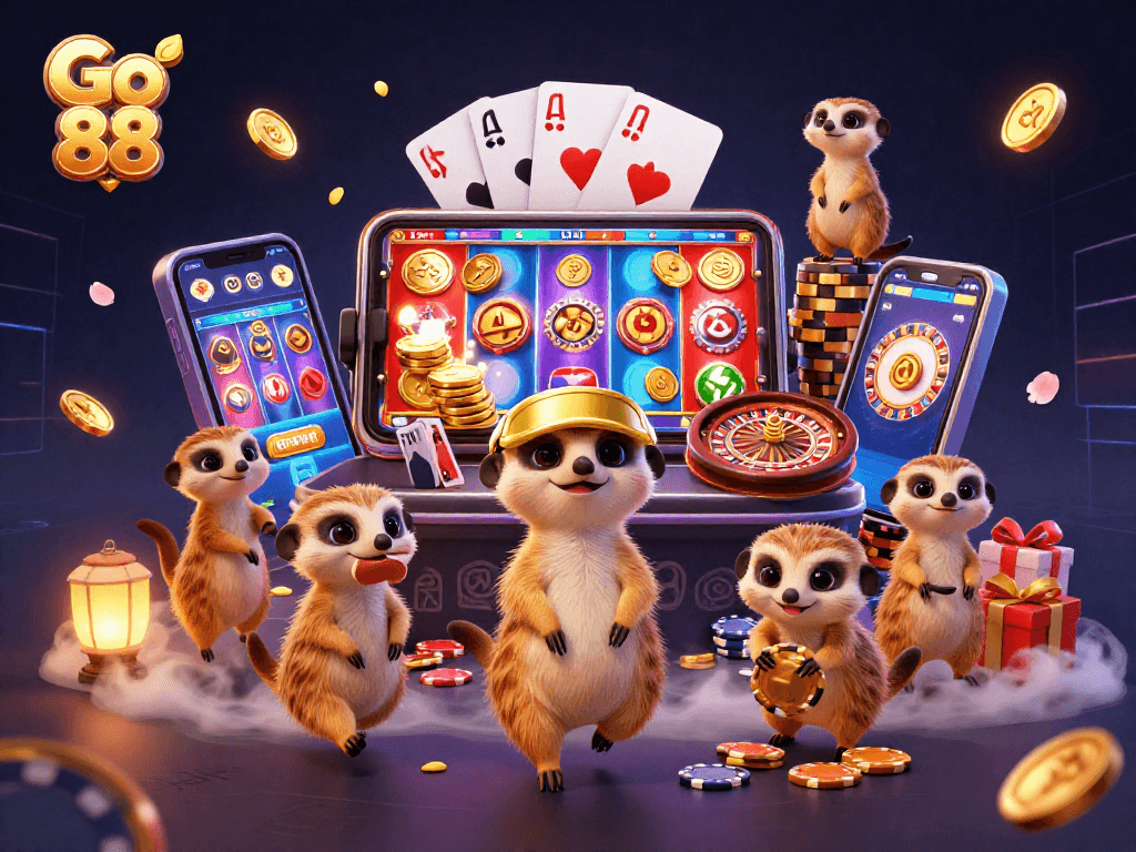 Go 88 meerkat casino scene with dynamic gameplay, vibrant slots, and engaging elements.
