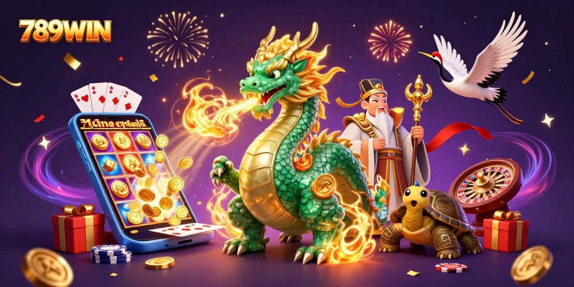 Engage with 789WIN's vibrant gaming world featuring a jade dragon and magical casino elements.