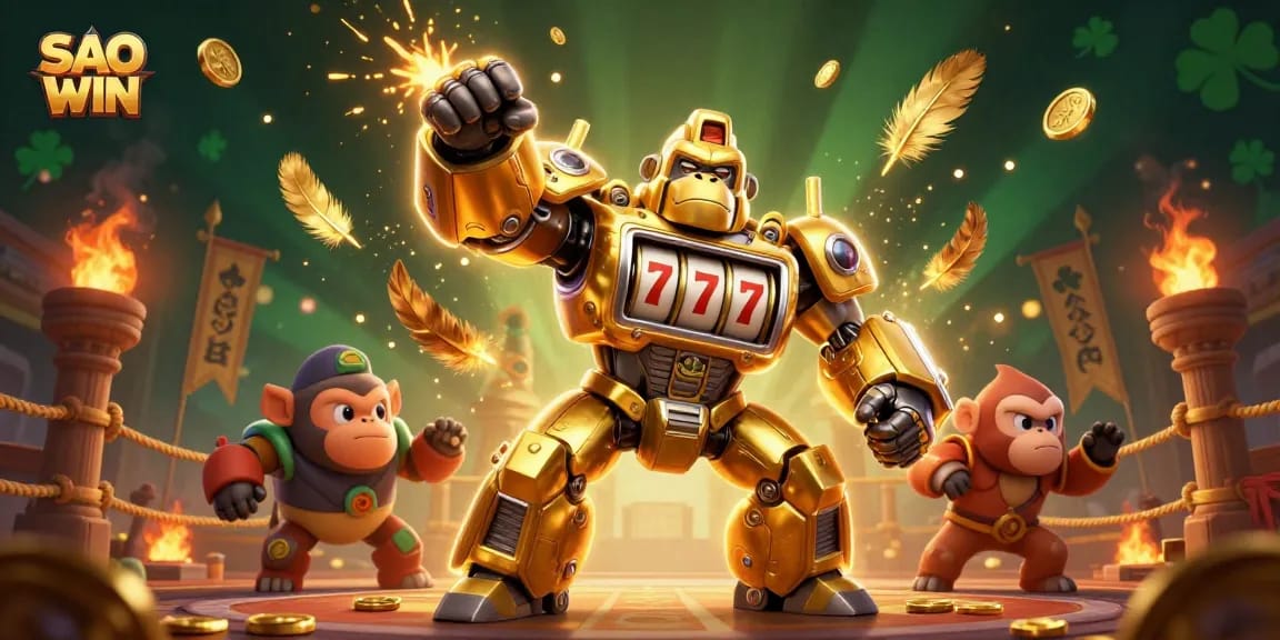 Experience exhilarating wins with SAO WIN’s golden gorilla mech in a dynamic casino scene.