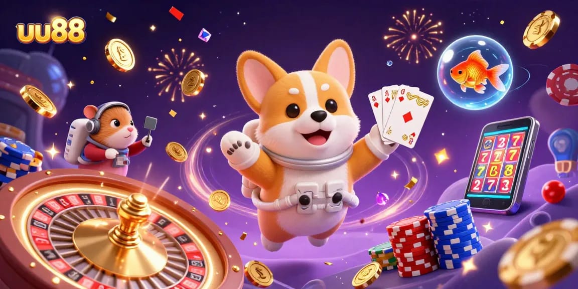 Engage with the exciting world of uu88, where a lively casino scene features a 3D corgi, floating chips, and interactive games.