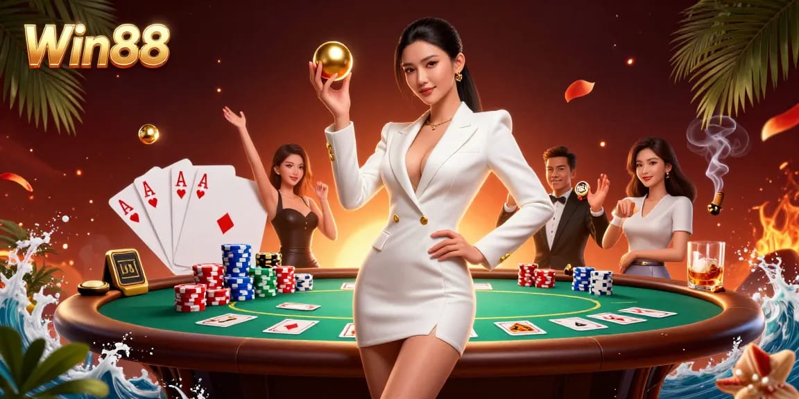 Win88 dazzles in a vibrant casino scene with a confident Asian woman in a tuxedo holding a golden roulette ball.