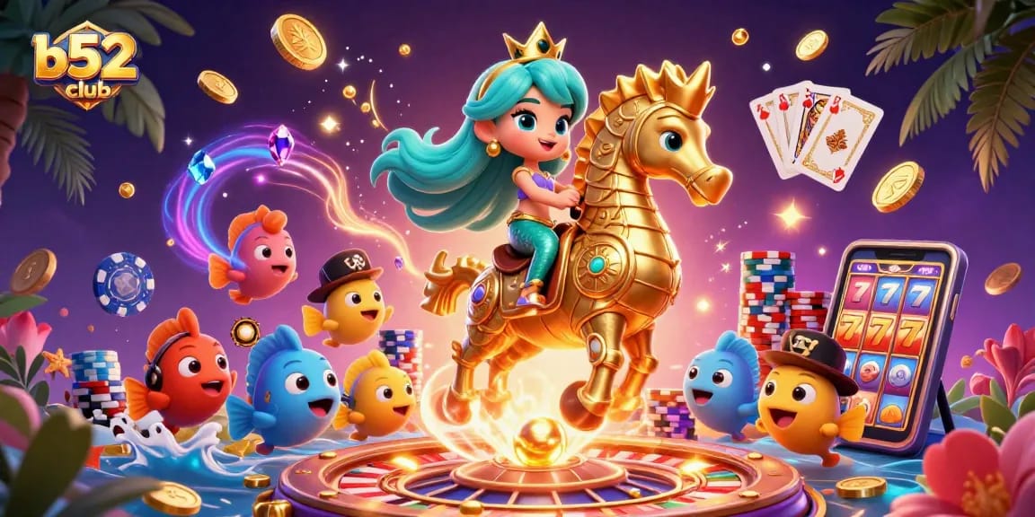 Experience the excitement of b52club with vibrant games and dazzling rewards in this illustrated casino scene.