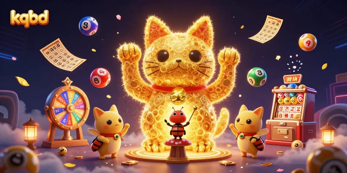 KQBD displays a golden lucky cat made of fireflies, amidst vibrant colorful lottery elements for an exciting betting journey.