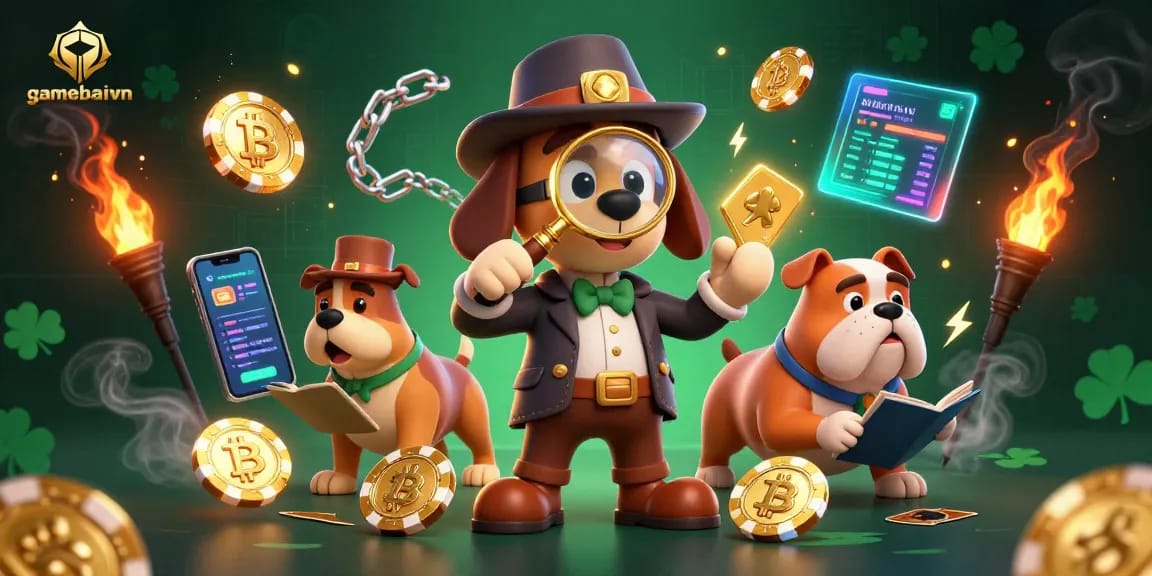 Engage in poker strategy with gamebaivn as a detective examines a golden chip clue and cryptocurrency elements.