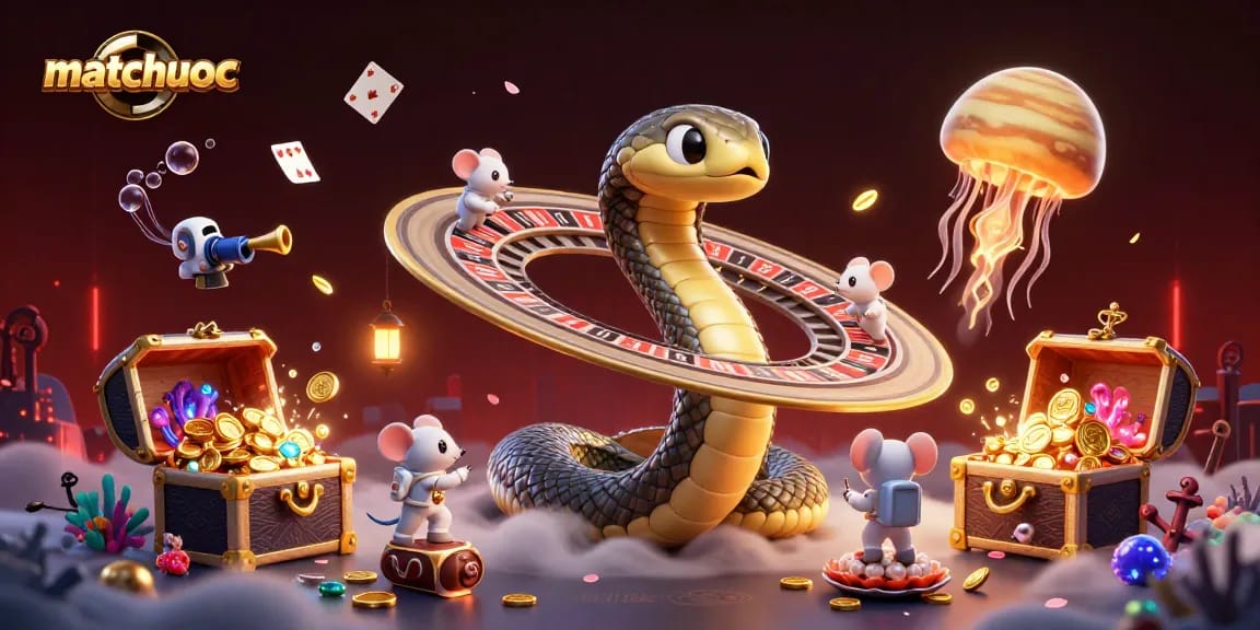 Experience the thrill of matchuoc as astronaut mice place bets with colorful elements in a vibrant casino scene.