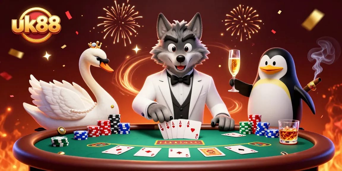 Experience excitement while playing at uk88 with a lively baccarat scene featuring cartoon characters.