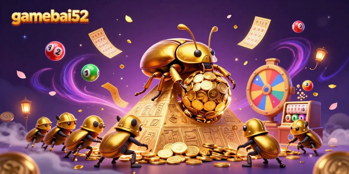 Experience thrilling gamebai52 action with golden bugs rolling coins and colorful lottery elements.