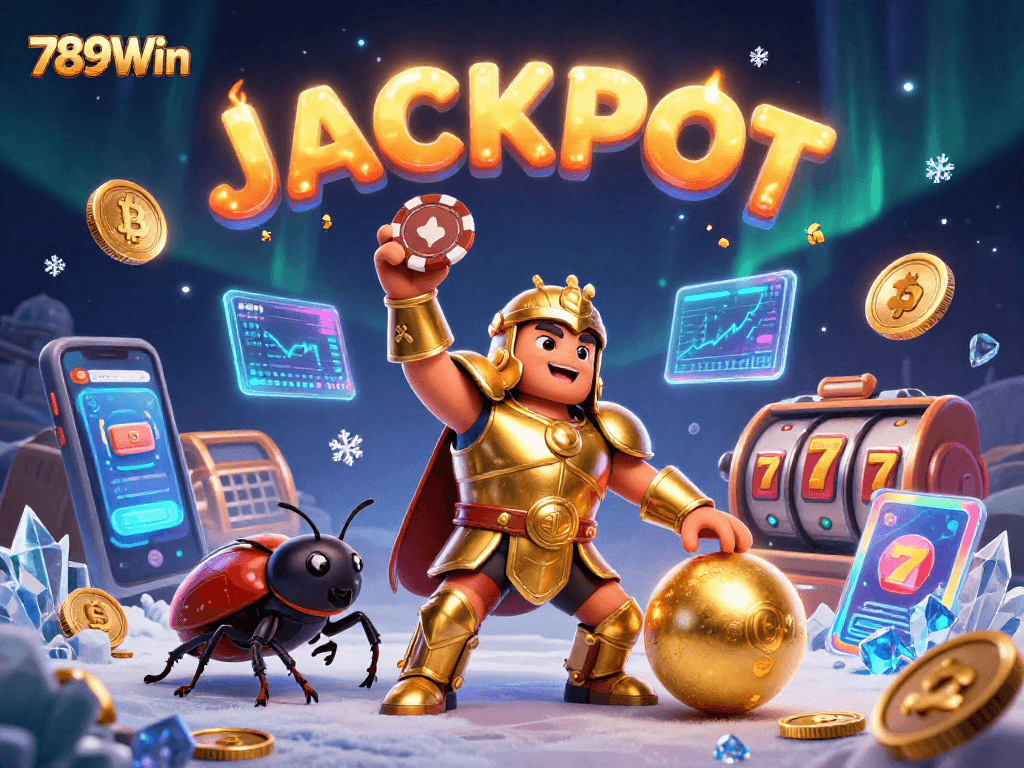 Experience the excitement of 789Win with vibrant 3D casino elements showcasing a beetle hero lifting a poker chip.