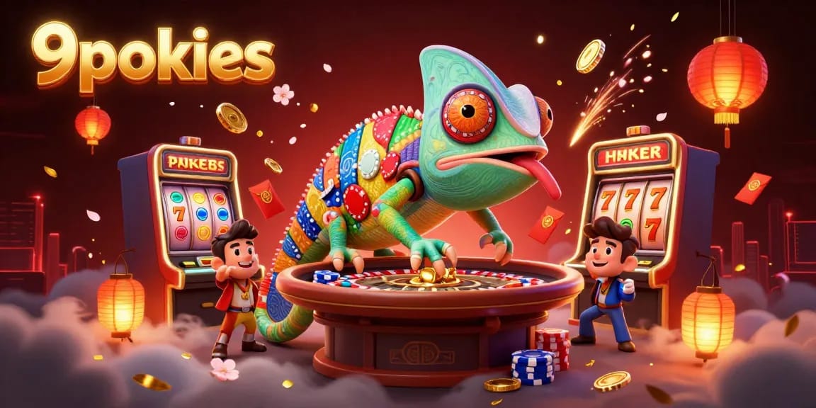 Engage in thrilling action at 9pokies with animated chameleon casino elements and vibrant casino visuals.