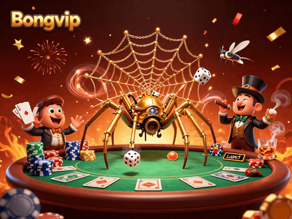 Bongvip offers a vivid gaming experience, showcasing an intriguing 3D scene with unique characters in a dynamic casino setting.
