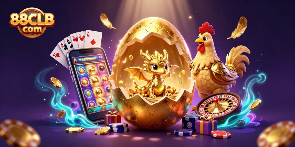 Experience thrilling gameplay at 88CLB com with vibrant visuals of golden gaming elements and rewards.