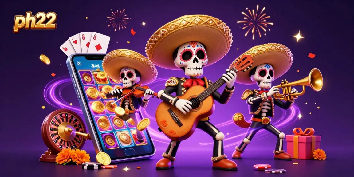 ph22 casino scene with colorful skeleton mariachi band amidst vibrant gaming elements