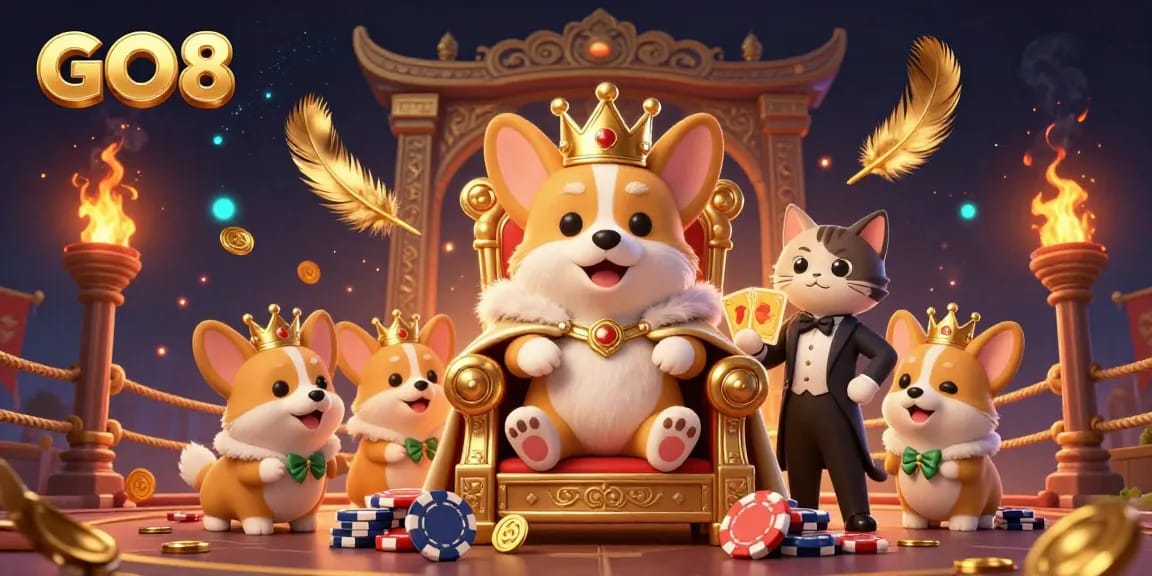 Engage with the GO8 vibrant 3D casino scene featuring royal characters amid golden gambling elements.