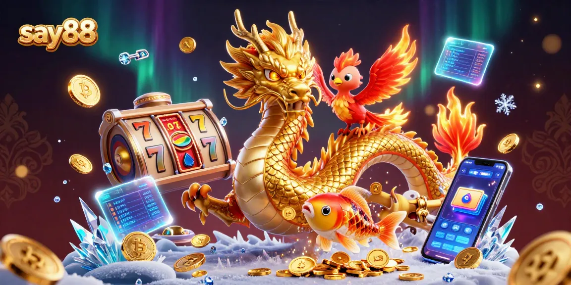 Experience the excitement of playing slots with say88, featuring a powerful dragon and vibrant casino elements.