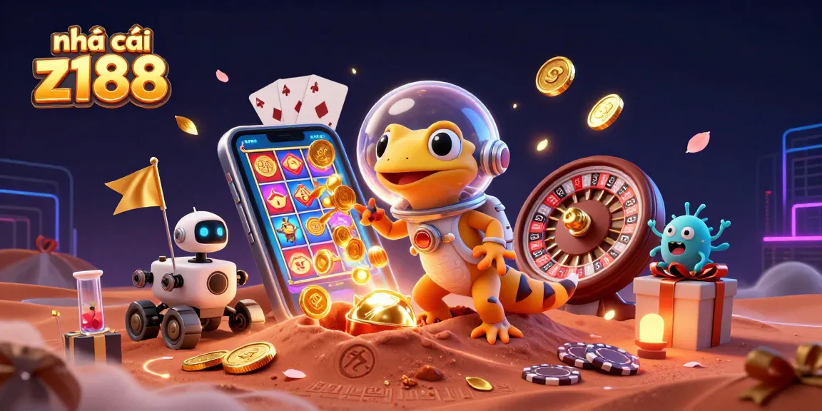 Play and win at nhà cái z188 with a vibrant 3D casino scene featuring slot games and more!
