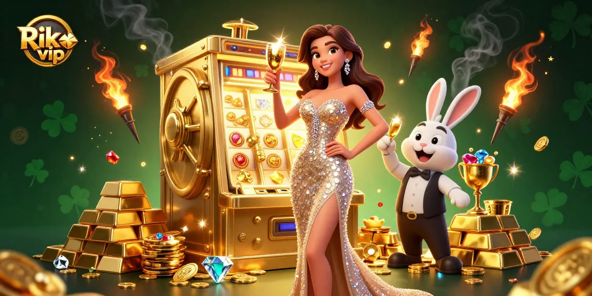 Win big at Rik vip with a stunning woman and a golden jackpot slot machine.