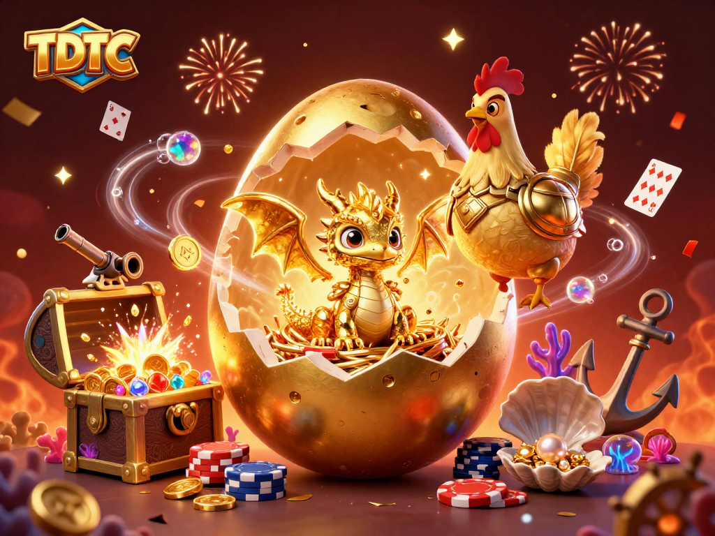 Engage with TDTC's thrilling cartoon scene featuring golden gaming elements and a mystical baby dragon.