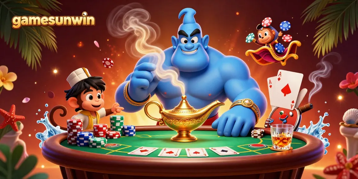 Bet big and win big at gamesunwin with a lively 3D genie illustration surrounded by poker chips.