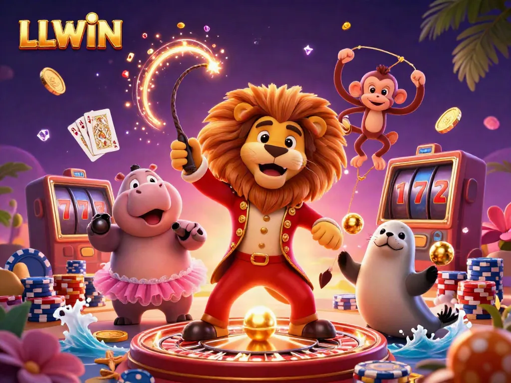 Engage with dynamic LLWIN casino features amidst 3D circus characters and games.