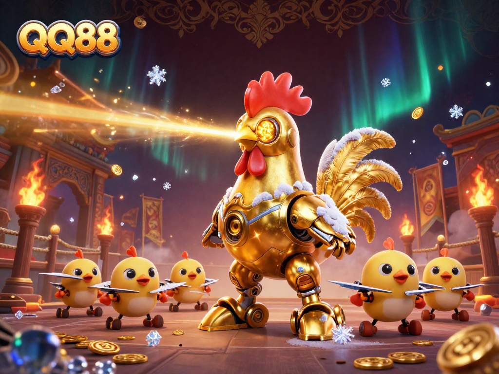 Engage in thrilling gambling at QQ88 with an ultra-detailed robot and baby chick drones in a dynamic casino setting.