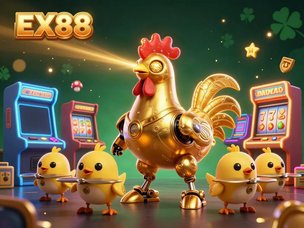 Engage in exhilarating gameplay with EX88 and vibrant slot machines in a dynamic casino scene.