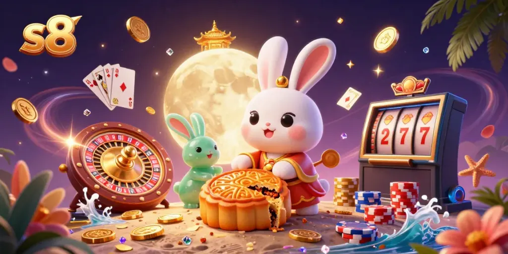 Engage with exciting s8 gameplay as the moon rabbit unveils poker chips from mooncakes amidst casino elements.