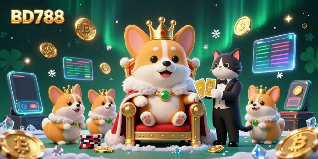 Experience the vibrant gaming scene at BD788 with a royal corgi and its butler amid poker chips and crypto coins.
