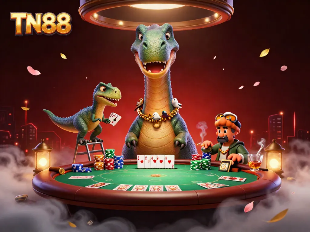 Engage with TN88 at a lively poker game featuring a towering brontosaurus and clever raptor.