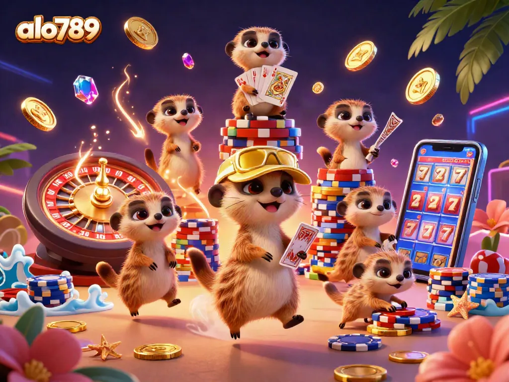 Alo789 casino scene featuring meerkats managing games, golden coins cascading, and vibrant poker elements.