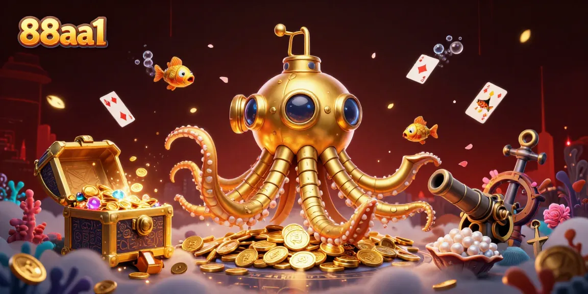 Engage with thrilling gameplay at 88aa1, featuring spectacular golden kraken and mechanical fish in an immersive casino scene.
