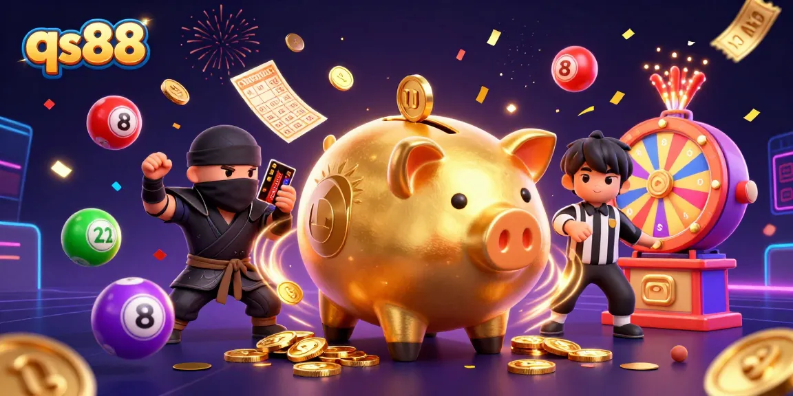 Experience thrilling actions with qs88 as the golden piggy bank sumo wrestler shakes coins loose in vibrant casino atmosphere.