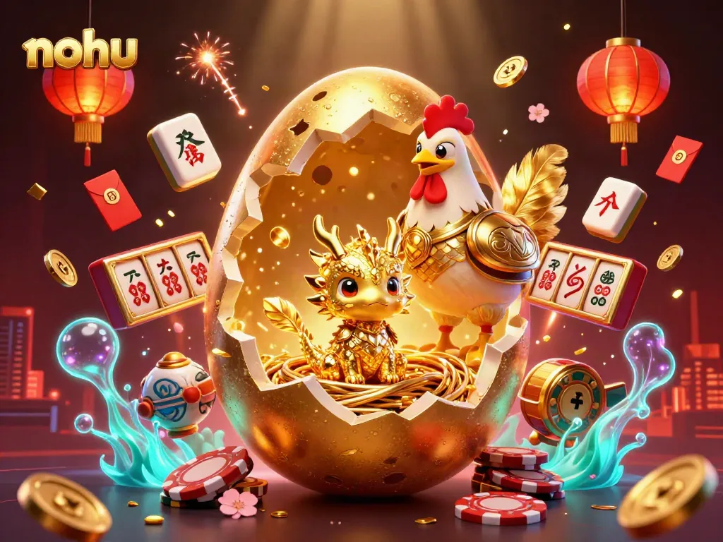 Spin the reels at nohu casino featuring a golden dragon amidst vibrant gaming elements.