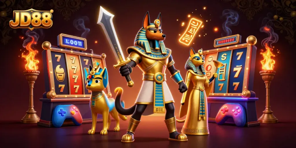 Engage with JD88's thrilling gaming world featuring Anubis and Bastet in a vibrant casino scene.