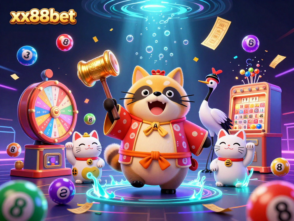xx88bet showcases a cheerful tanuki celebrating with lottery elements and lucky charms in a vibrant 3D scene.