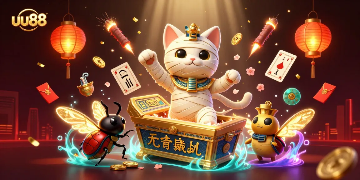 Experience the thrill of uu88 with a vibrant 3D casino scene featuring an Egyptian mummy cat.