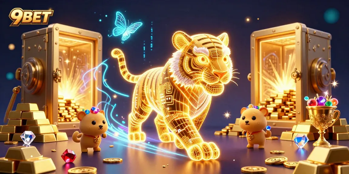 Experience the exhilarating energy of 9BET with a neon tiger in a vibrant digital casino landscape.