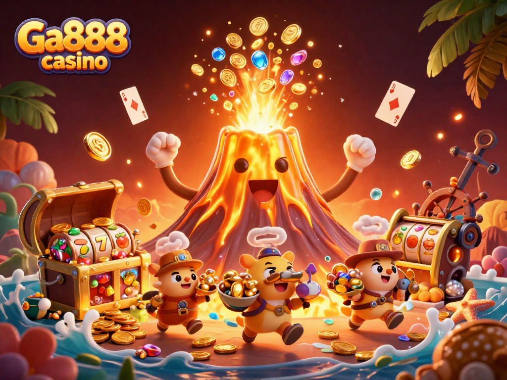 The vivid scene showcasing Ga888 casino with a golden volcano, treasure, and slot reels erupting in excitement.
