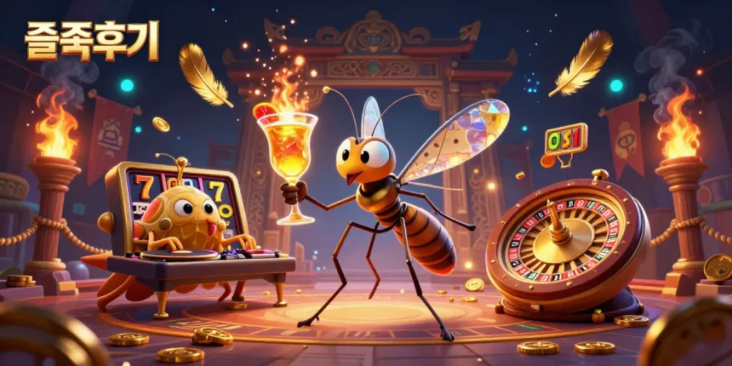Experience thrilling slots with 슬롯후기 in a vibrant casino scene featuring a mascot and unique characters.