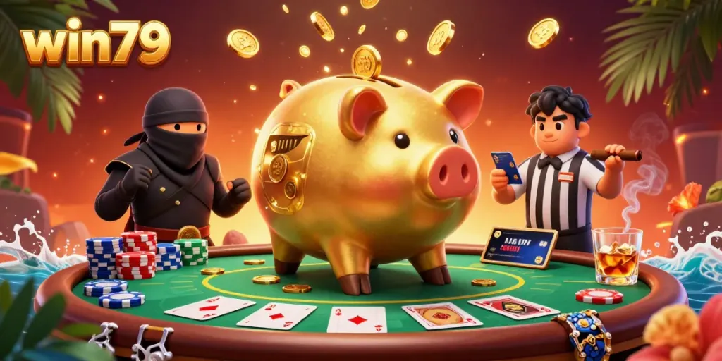 Engage in thrilling action at win79 with a dynamic 3D scene showcasing a golden piggy bank sumo wrestler and opponents in a vibrant casino atmosphere.