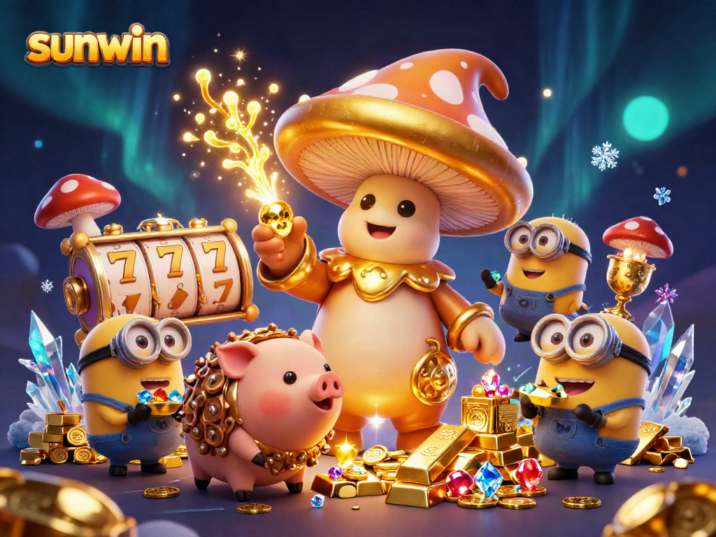Engage in thrilling gameplay with sunwin as the golden mushroom wizard turns treasures to gold in this vibrant illustration.