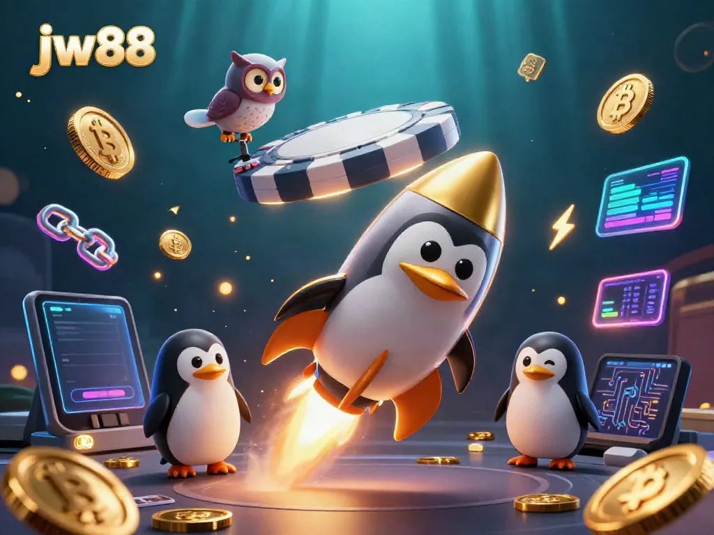 Join the excitement of jw88 with this vibrant 3D illustration of a golden penguin in a casino-themed space adventure.