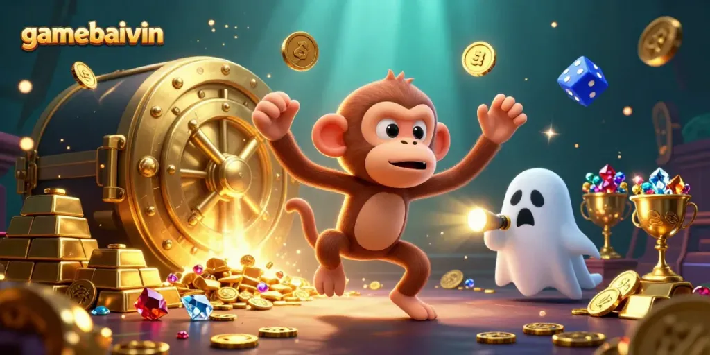 gamebaivin engages players with a lively poltergeist monkey juggling gold in a haunted casino scene.