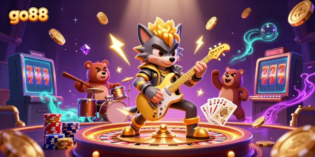Experience thrilling gaming at go88 with a 3D cartoon illustration of vibrant casino action.