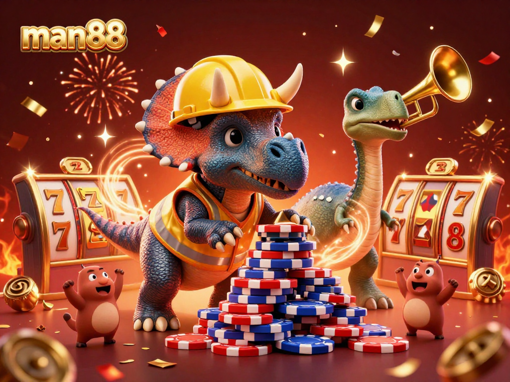 man88 shows a triceratops celebrating at a casino with poker chips and slot reels in action.