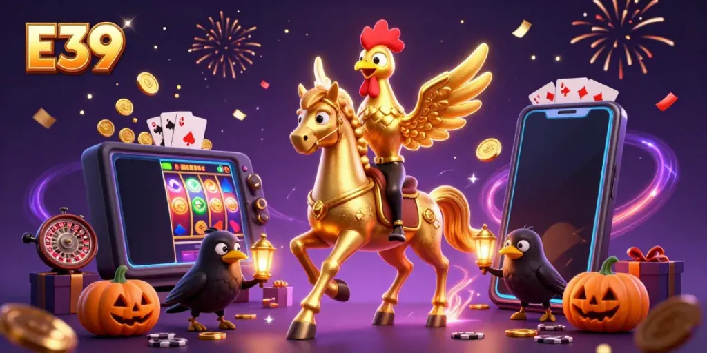 E39 celebrates with a golden rooster in a vibrant casino, surrounded by coins and game elements.