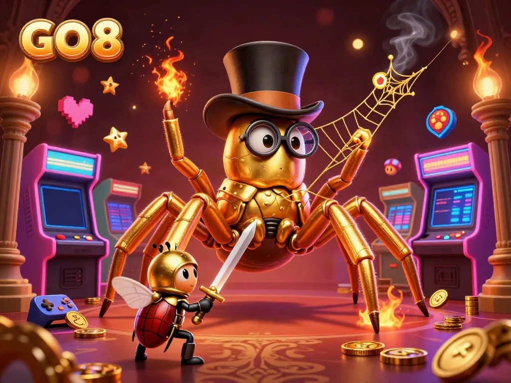 Engage with the golden web of opportunities at GO 8’s enriched gaming experience under vibrant casino lights.