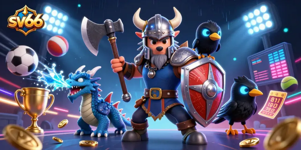Engage with sv66's dynamic casino scene featuring a Viking wolf warrior, a fierce dragon, and a cartoon raven.